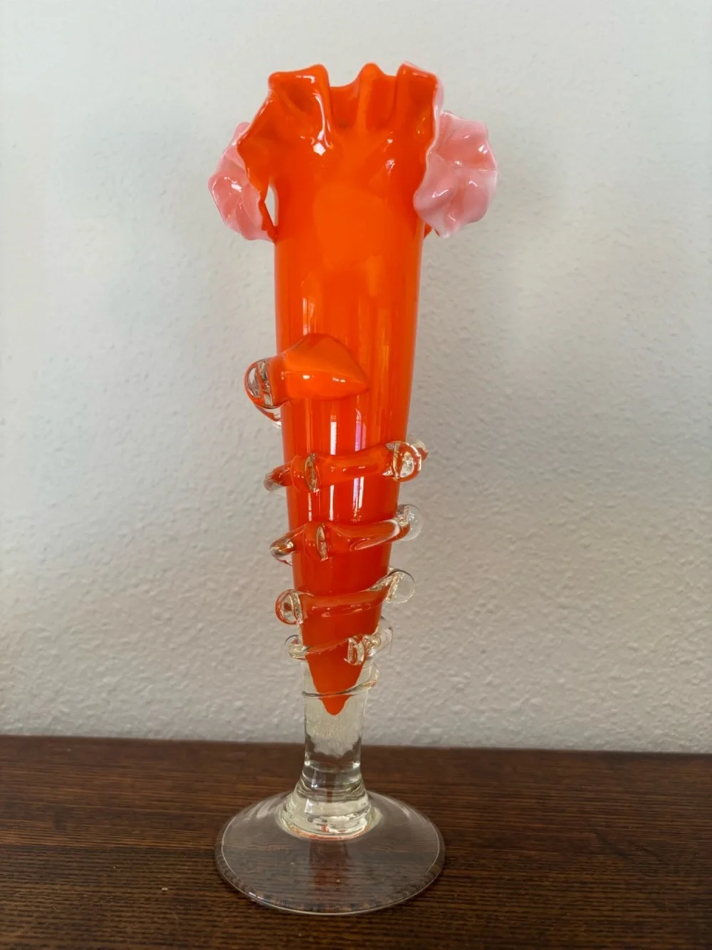 Vintage Bohemian Art Glass Vase Orange Cased White Ruffled Vase